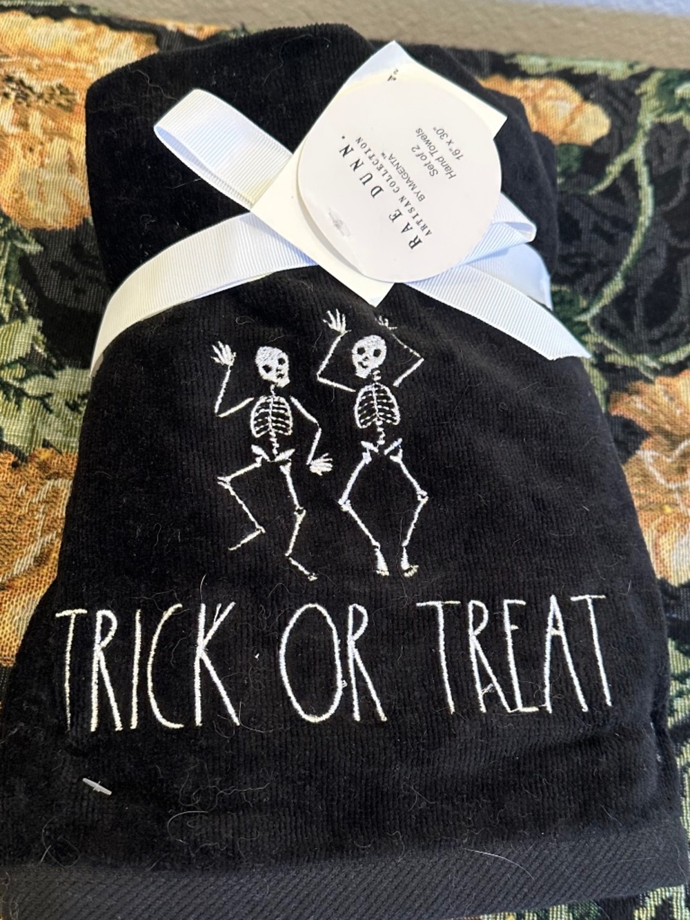 Rae Dunn Trick or Treat Skeleton Hand Towels. Set of Two